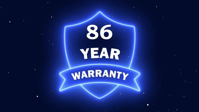Warranty Badge with Neon Glow. Neon line 86 Years Warranty Shield Emblem. Assurance Business Guarantee Security Protection Concept. 86 years warranty label badge design animation.