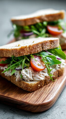 Fresh sandwich with chicken, tomatoes, and greens on a wooden board
