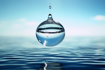 Sparkling water droplet suspended in air, reflecting the sky and hinting at purity and hydration