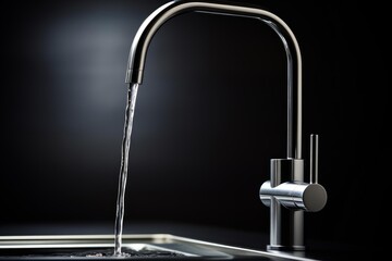 Stream of fresh water running from a stylish chrome faucet into a sink, set against a dark backdrop