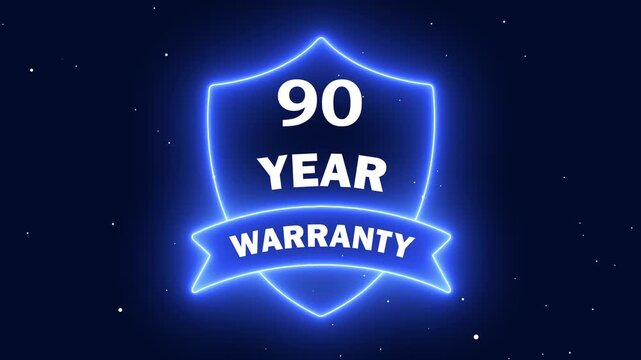 Neon Light Warranty Badge. Neon line 90 Years Warranty Shield Emblem. Assurance Business Guarantee Security Protection Concept. 90 years warranty label badge design animation.