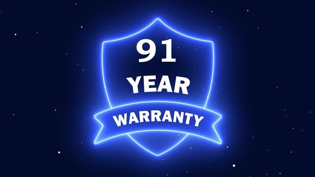 Trust and Reliability Concept. Neon line 91 Years Warranty Shield Emblem. Assurance Business Guarantee Security Protection Concept. 91 years warranty label badge design animation.