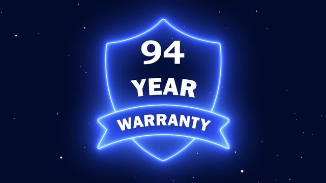 Shield of Quality and Warranty. Neon line 94 Years Warranty Shield Emblem. Assurance Business Guarantee Security Protection Concept. 94 years warranty label badge design animation.