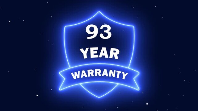 Quality Assurance and Customer Trust Graphics. Neon line 93 Years Warranty Shield Emblem. Assurance Business Guarantee Security Protection Concept. 93 years warranty label badge design animation.