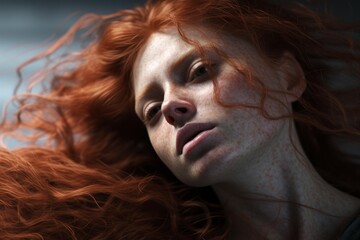 Portrait of a redhead fashion model lying down with long curly hair and freckles covering her face