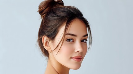 Young Asian woman with natural makeup and hair bun style smiling confidently against light background, representing beauty, wellness and skincare concepts.