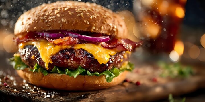 Juicy cheeseburger with melted cheddar, crispy bacon, fresh lettuce and red onion rings on sesame bun against dark background with bokeh lights. - Powered by Adobe