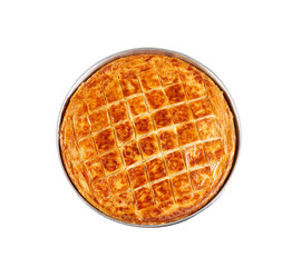 Delicious homemade savory pie with golden crispy layers, baked to perfection in a round tray. Perfect for family gatherings, traditional meals, or food photography showcasing authentic baked pastry.