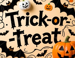 Brightly colored Halloween decorations show black bats, orange pumpkins, and playful letters stating trick or treat. The scene captures the joy of Halloween celebrations Generative AI