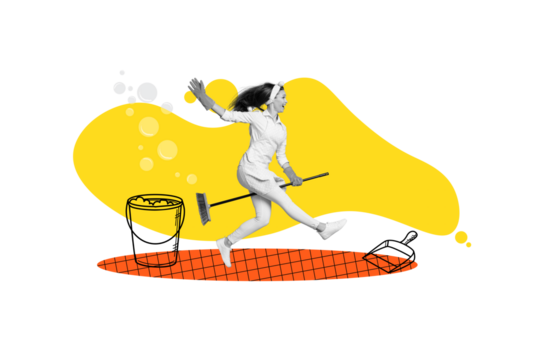 Trend artwork composite sketch image photo collage of home domestic cleaning chores staff housewife young woman wash floor mop ride broom - Powered by Adobe