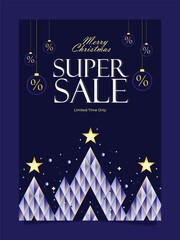 Elegant Merry Christmas Super Sale Poster Design in Dark Blue and Gold Theme with Hanging Ornaments, Stars, and Geometric Christmas Trees, Perfect for Holiday Promotions, Retail Discounts, and Winter