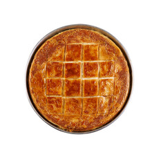 Delicious homemade savory pie with golden crispy layers, baked to perfection in a round tray. Perfect for family gatherings, traditional meals, or food photography showcasing authentic baked pastry.