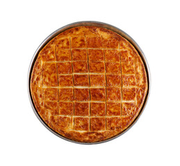 Delicious homemade savory pie with golden crispy layers, baked to perfection in a round tray. Perfect for family gatherings, traditional meals, or food photography showcasing authentic baked pastry.
