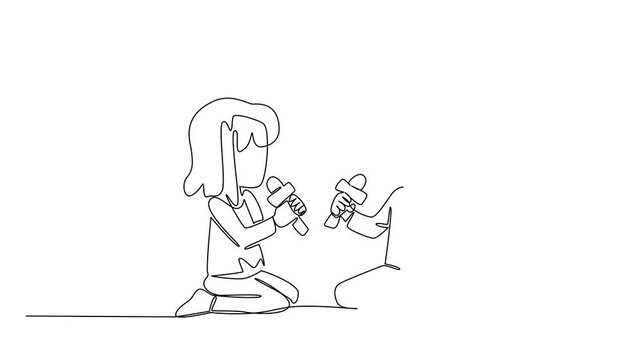 Animated self drawing of single one line drawing two sisters holding a mic. Having fun karaoke. Sing with joy. Sibling routine during school holidays. Day of Brother. Full length single line animation