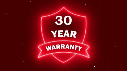 contact service representative headset icon 4k. Neon 30 year warranty with shield icon animation on red background. Business product quality concept. 30 years warranty label badge design animation.