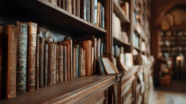 Old leather-bound books lined up on wooden shelves inside a quiet library.