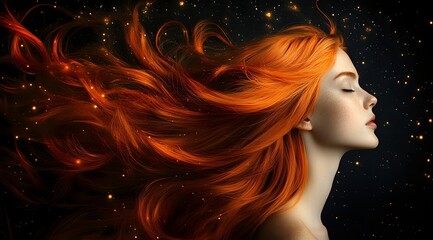 Young woman with flowing red hair against starry night background, glowing magical particles surrounding dynamic hair movement in profile view, closed eyes and serene expression.