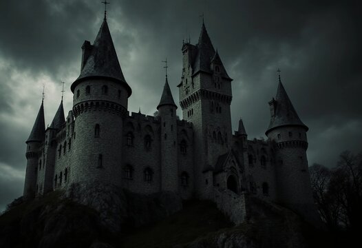 At Halloween, an ancient vampire castle looms under a cloudy sky, creating a spooky atmosphere. Its tall towers and stone walls evoke tales of mystery and legend Generative AI