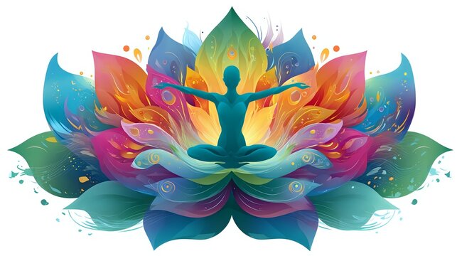Silhouette in lotus pose on vibrant multicolored lotus flower background with flowing abstract petals and spiritual energy elements. Meditative zen concept.