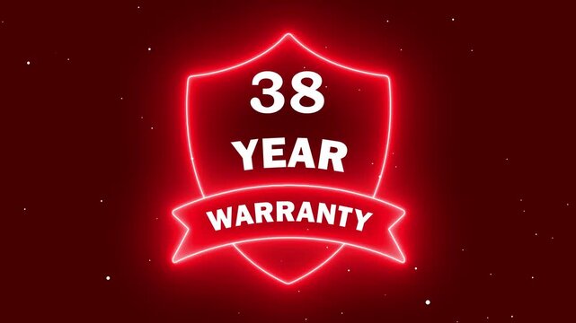 support service icon 4k video animation. Neon 38 year warranty with shield icon animation on technology background. Business product quality concept. 38 years warranty label badge design animation.