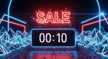 Sale Countdown Timer with Red Neon Numbers and Glowing LED Style Background Animation
