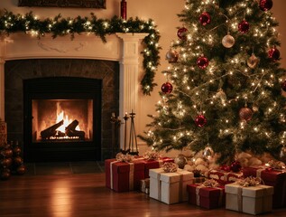 Cozy Christmas living room with decorated tree, glowing fireplace and wrapped gifts. Warm festive atmosphere, soft natural light, clean composition, professional photography.