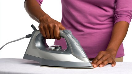 Woman ironing white garment with modern iron appliance focused woman efficiently presses fabric using white iron