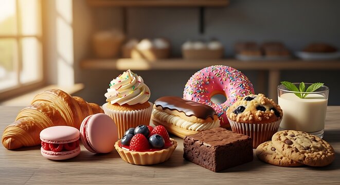 A delightful assortment of freshly baked pastries, including croissants, cupcakes, macarons, eclairs, brownies, muffins, and a cookie, artfully arranged on a wooden surface.