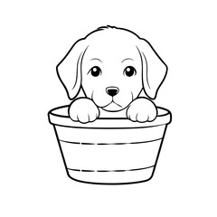 Cute puppy peeking out from a children's basket in a playful design