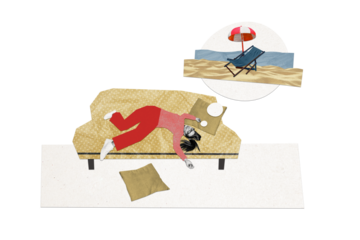 Composite photo collage of happy girl lie home sofa sleep see dream vacation relax resort weekend sunbath isolated on painted background