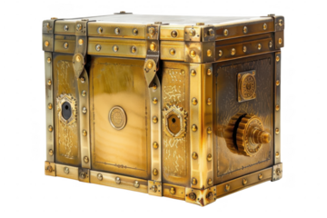Ornate metal box with gears and rivets on transparent background