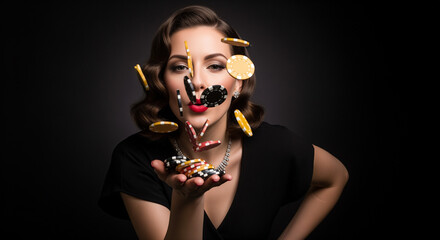 Glamorous woman blowing casino chips towards camera in dark studio cinematic light