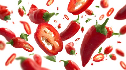 Vibrant red chili peppers and slices tumble dynamically against a bright white background