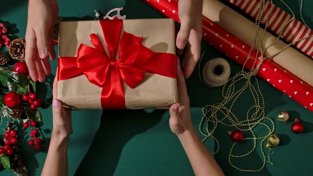 Top view of two people exchanging Christmas gifts wrapped in craft paper and tied with a red bow on a green background, symbolizing the festive atmosphere and warmth of the holiday.