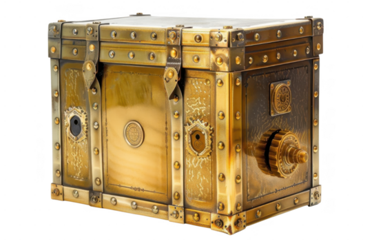 Ornate metal box with gears and rivets on transparent background - Powered by Adobe
