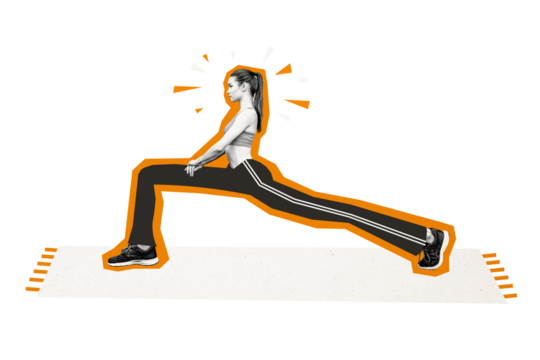 Composite photo collage of serious sportswoman do lunges stretch long legs gymnastics sporty lifestyle isolated on painted background