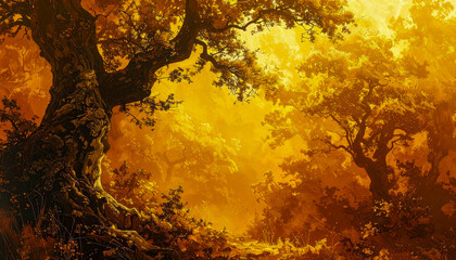 Mysterious Wooded Landscape with Sunlight Filtering Through Trees