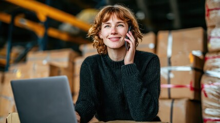 Woman sits in warehouse talks on cell phone she converses on phone seated within expansive warehouse