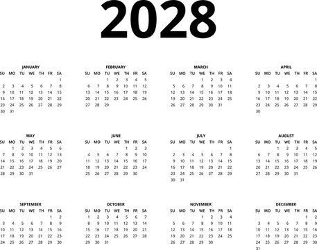 2028 Calendar template. Calendar 2028 - 12 months yearly calendar - planner. Monthly calendar. illustration for print, web, mobile app on black background