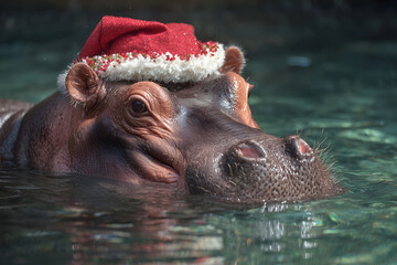Fototapeta premium A hippopotamus wearing a Santa hat to celebrate Christmas.