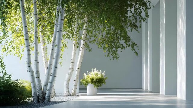 Minimalist courtyard with white birch trees along a sunlit colonnade, gravel ground, and a white pot of flowers.