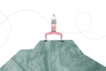 Creative collage picture young fit girl do exercise body shaping coach gymnast aerobics discipline drawing mountain background