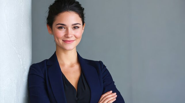 Woman in blue suit leans against wall professional woman stands by simple studio wall