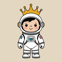 A charming illustration of a cute astronaut king with a big smile, standing on the surface of a glowing planet, wearing a glittering crown and cape, as he welcomes visitors from distant galaxies.