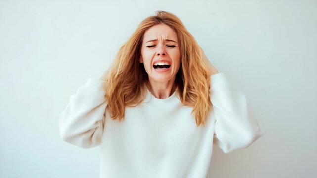 Blonde woman crying out in profound distress, hands on head, conveying deep emotional pain