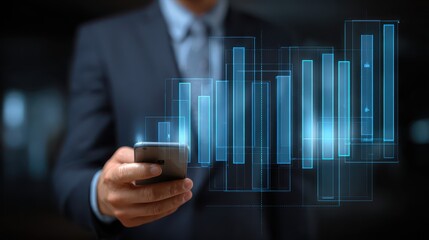 Man in suit holds cell phone professional man in business suit uses mobile device