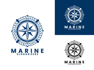 Marine with ship's steering wheel, rope and compass logo design vector template © Febrian