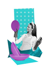 Vertical poster collage young woman clean wash dishes sponge duty kitchenware apron maid wife household drawing background