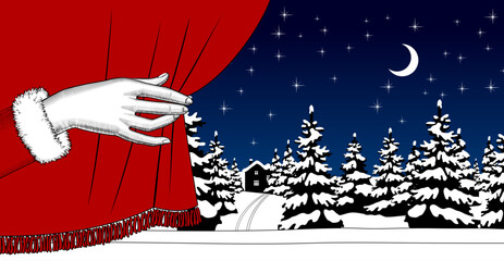 A woman's hand pulls back the red curtain and reveals a winter night landscape with a snow-covered fir forest and a starry sky. Vector illustration invintage 
engraving style