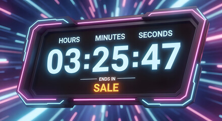 Cinematic 3D countdown timer with glowing orange and red sale text and futuristic promotional lighting effects